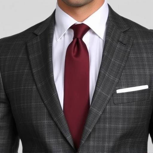 A charcoal grey single-breasted suit with subtle texture, paired with a crisp white shirt and a burgundy tie, exuding modern elegance.