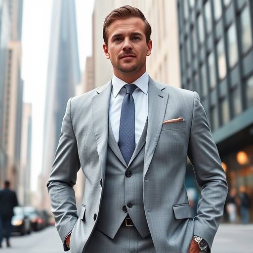 A light grey suit with a peak lapel, worn by a businessman in a city setting, demonstrating versatility for different professional environments.