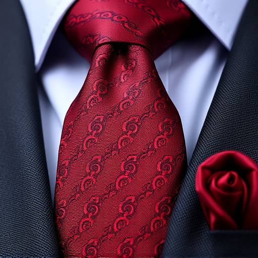 A richly patterned burgundy silk tie, meticulously knotted and complemented by a patterned pocket square.